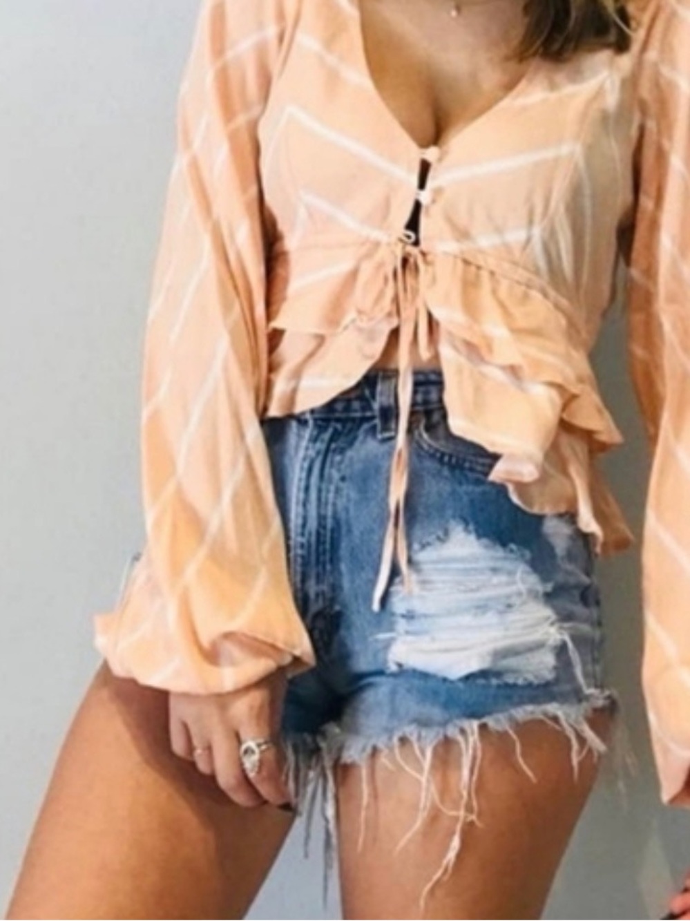 Free People Peach Striped Tie-Front Crop Top